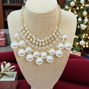 Vintage Multilayered Pearl & Crystal Bib Drop Necklace